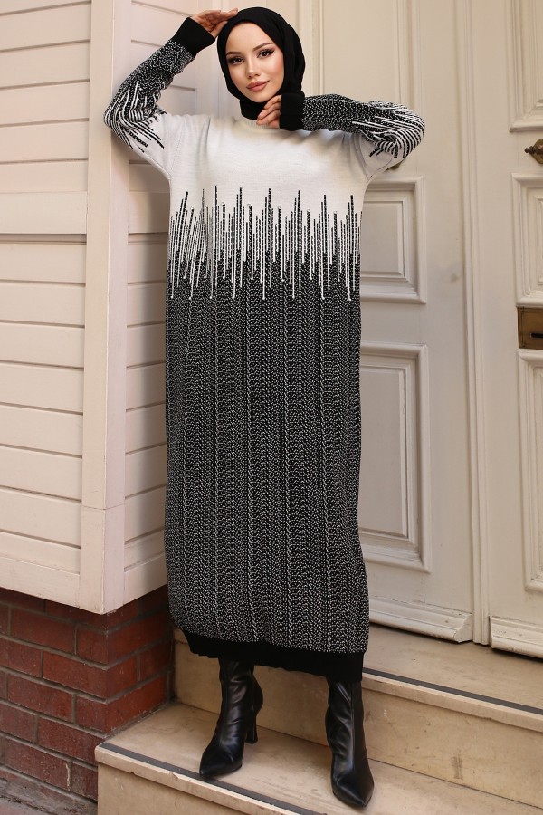  Desenli Triko Elbise Siyah 6208