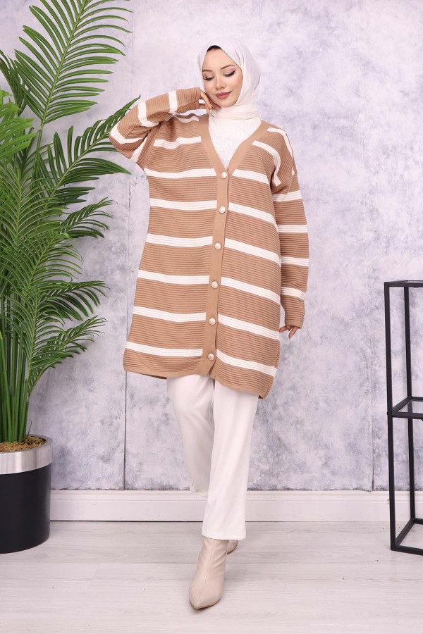 Fitilli Çizgili Triko Hırka Vizon 3090 Fitilli Çizgili Triko Hırka Vizon 3090