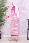 Balıkçı Yaka Çizgili Triko Elbise Fuşya 6143 Balıkçı Yaka Çizgili Triko Elbise Fuşya 6143