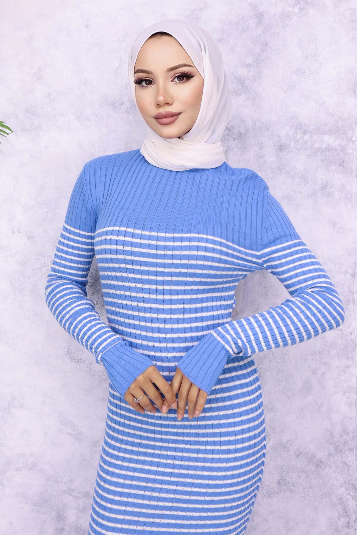 Balıkçı Yaka Çizgili Elbise Mavi 6104 Balıkçı Yaka Çizgili Elbise Mavi 6104