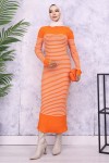 Balıkçı Yaka Çizgili Elbise Oranj 6104 Balıkçı Yaka Çizgili Elbise Oranj 6104