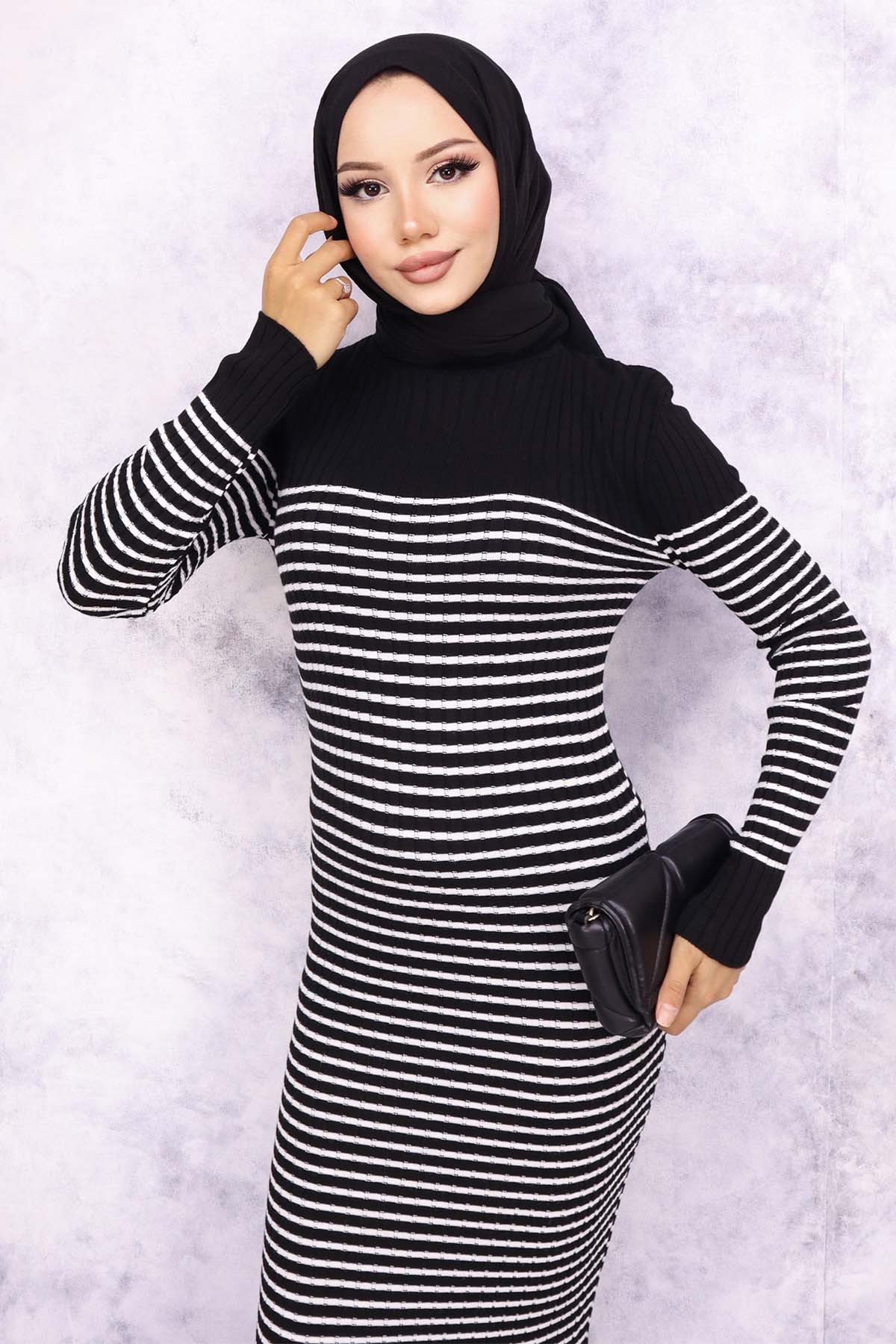 Balıkçı Yaka Çizgili Elbise Siyah 6104 Balıkçı Yaka Çizgili Elbise Siyah 6104