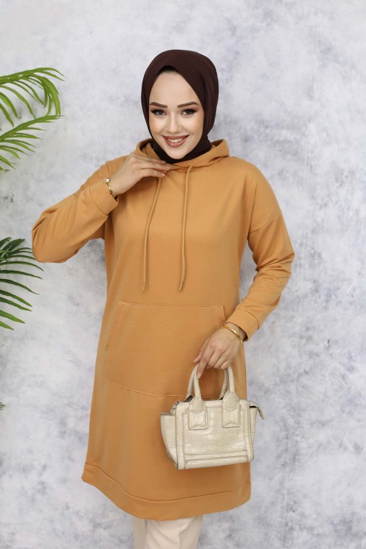 Kapüşonlu Uzun Tunik Camel 5036