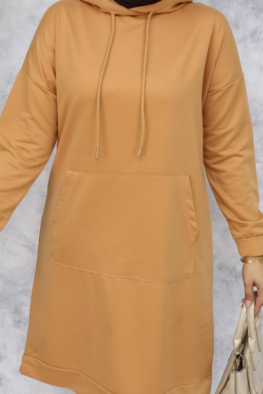 Kapüşonlu Uzun Tunik Camel 5036