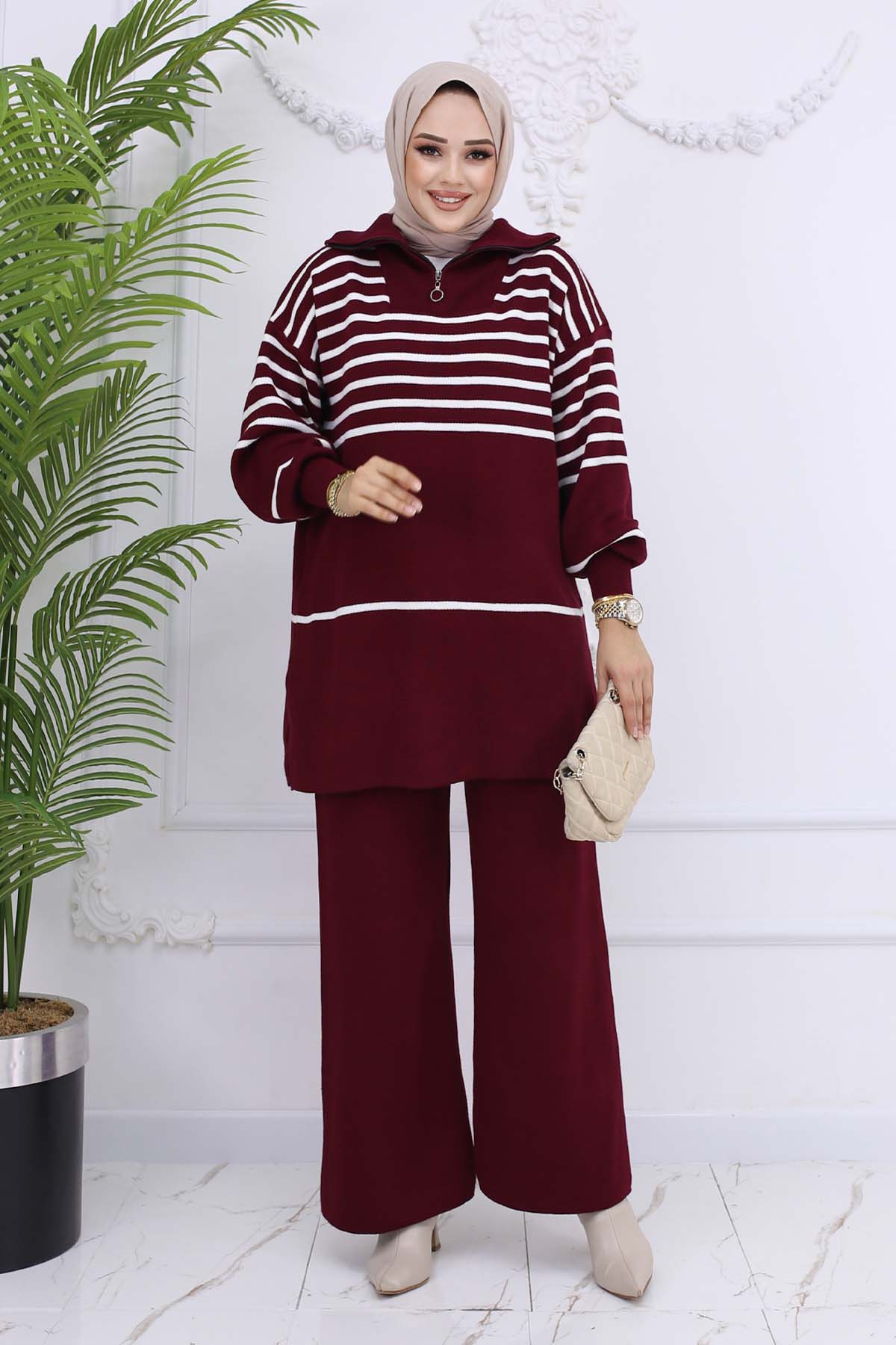 Çizgili Triko Takım Bordo 11049-22 Çizgili Triko Takım Bordo 11049-22
