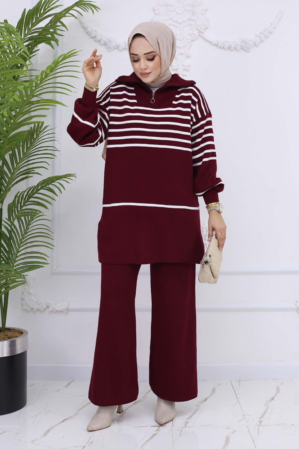 Çizgili Triko Takım Bordo 11049-22 Çizgili Triko Takım Bordo 11049-22