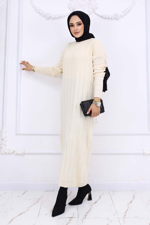 Fitilli Triko Elbise Taş Rengi 6081 Fitilli Triko Elbise Taş Rengi 6081