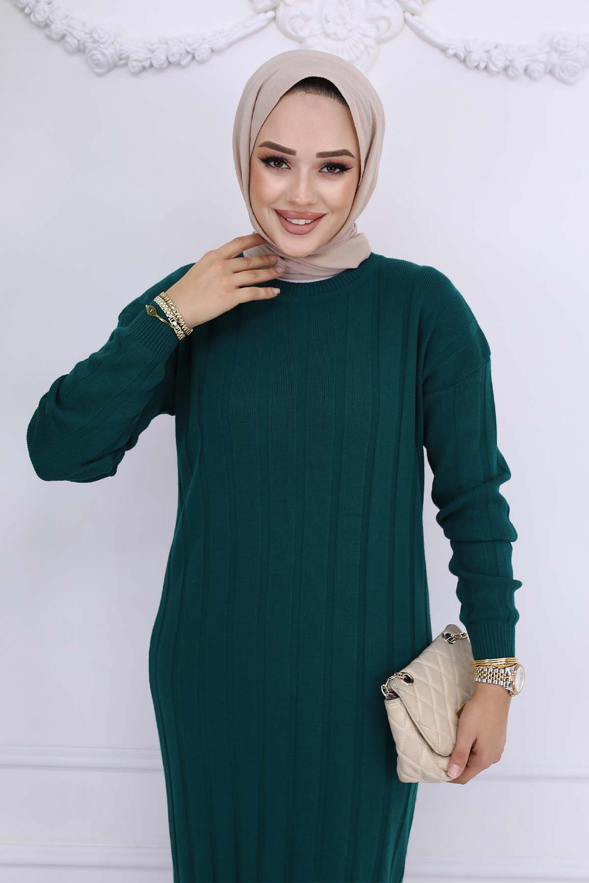 Fitilli Triko Elbise Zümrüt Yeşili 6081 Fitilli Triko Elbise Zümrüt Yeşili 6081