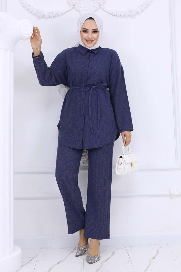 Beli Kuşaklı Bürümcük İkili Takım Lacivert 2193