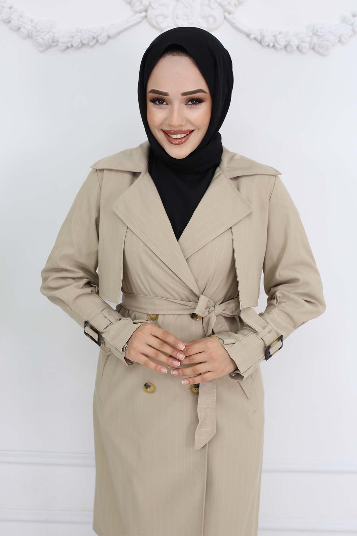 Bel Ve Kol Kemerli Çizgili Trençkot Taş Rengi 61646 Bel Ve Kol Kemerli Çizgili Trençkot Taş Rengi 61646