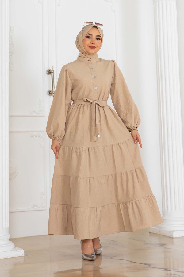 Düğmeli Kabartma Desenli Elbise Bej 2120 Düğmeli Kabartma Desenli Elbise Bej 2120