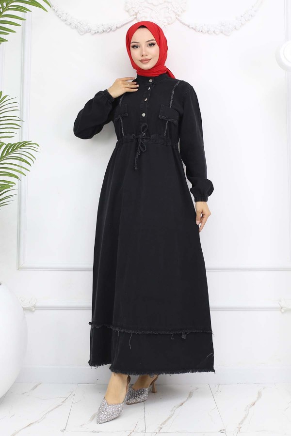 Beli Büzgülü Kot Elbise Siyah 6824