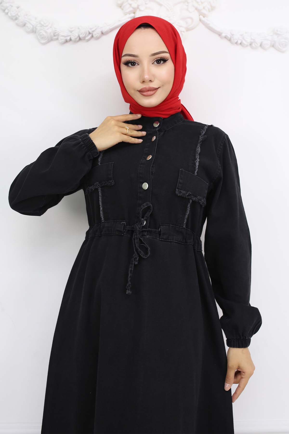 Beli Büzgülü Kot Elbise Siyah 6824