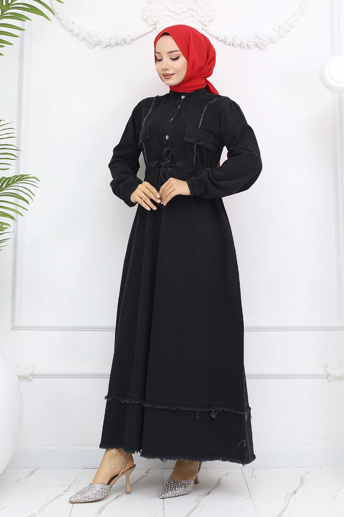 Beli Büzgülü Kot Elbise Siyah 6824