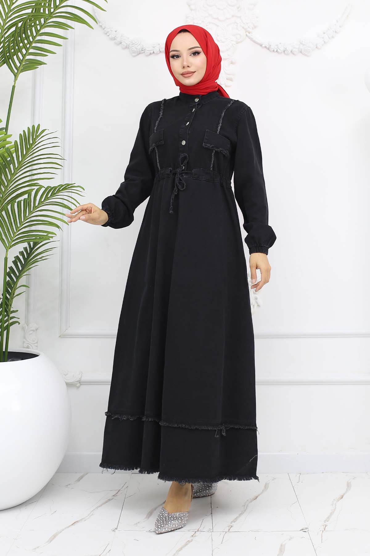 Beli Büzgülü Kot Elbise Siyah 6824