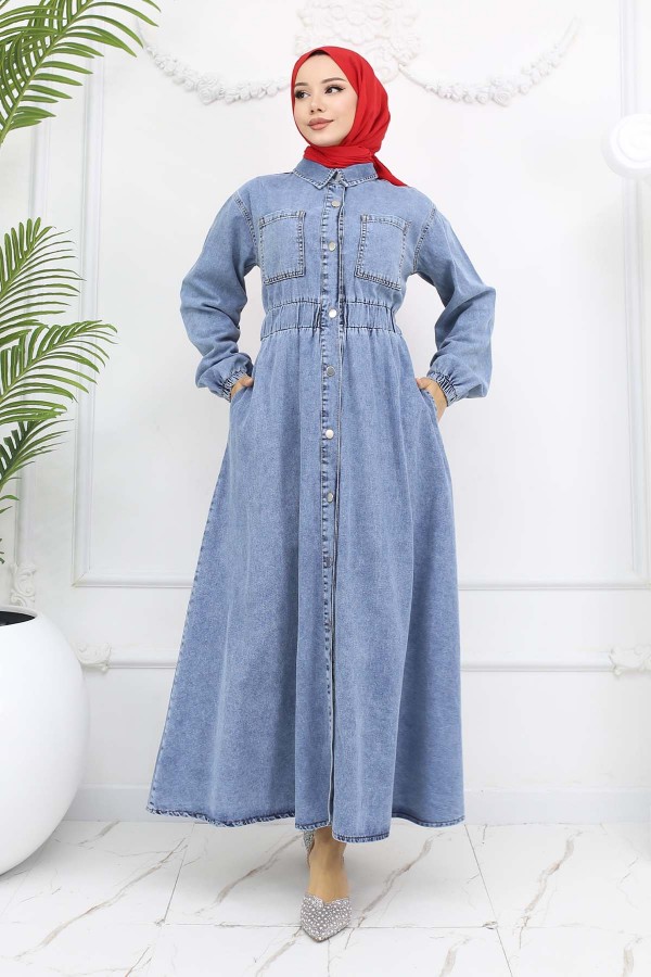 Düğmeli Kot Elbise Mavi 6101
