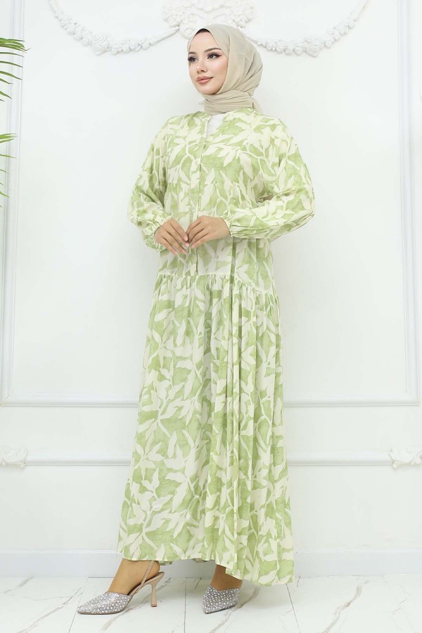 Desenli Viskon Elbise Mint Yeşili 2424