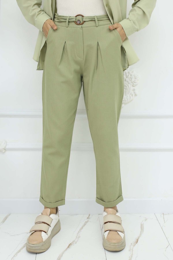 Kemerli Keten Pantolon Çağla 6660
