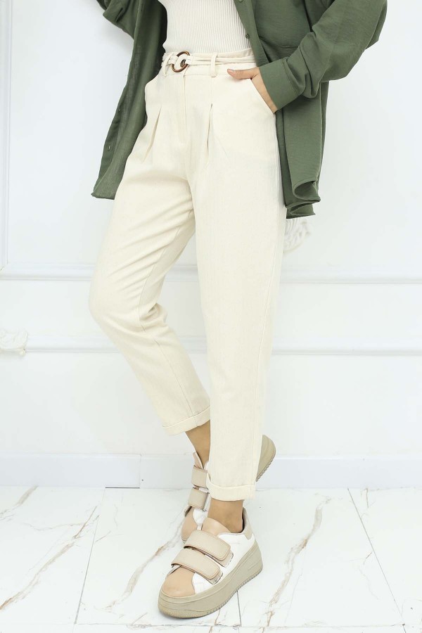 Kemerli Keten Pantolon Taş Rengi 6660