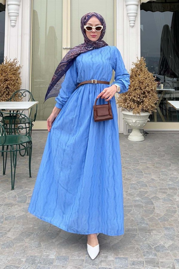 Güpür Detaylı Tesettür Elbise Mavi 1008-1 Güpür Detaylı Tesettür Elbise Mavi 1008-1