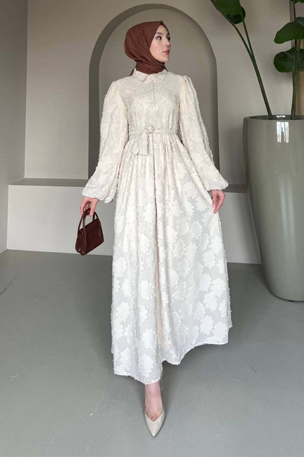 Çiçek Desenli Kesme Şifon Elbise Krem 1006-1 Çiçek Desenli Kesme Şifon Elbise Krem 1006-1