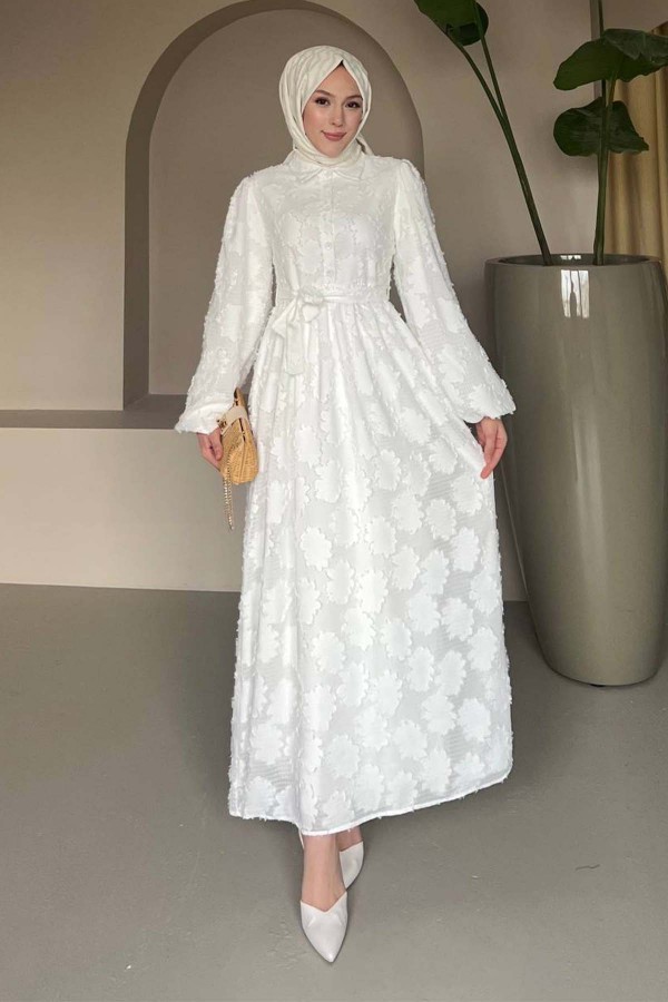 Çiçek Desenli Kesme Şifon Elbise Beyaz 1006-1 Çiçek Desenli Kesme Şifon Elbise Beyaz 1006-1