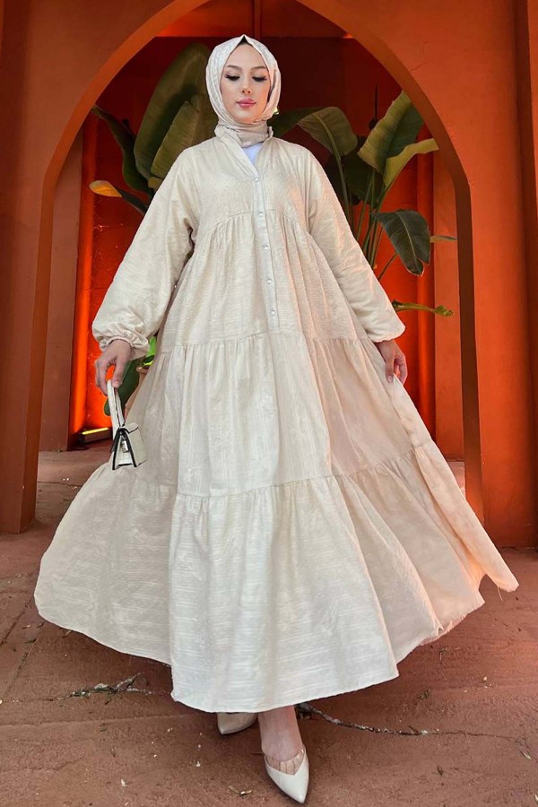 Çiçek Kabartma Desenli Elbise Krem 1000 Çiçek Kabartma Desenli Elbise Krem 1000