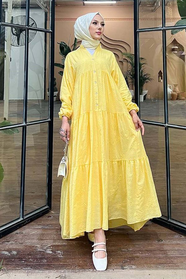 Çiçek Kabartma Desenli Elbise Sarı 1000 Çiçek Kabartma Desenli Elbise Sarı 1000
