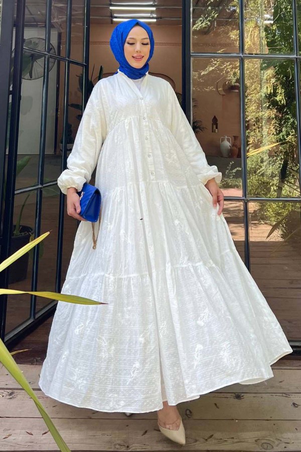 Çiçek Kabartma Desenli Elbise Beyaz 1000 Çiçek Kabartma Desenli Elbise Beyaz 1000