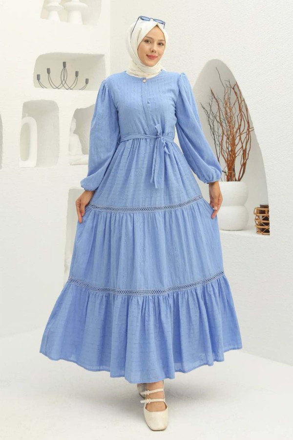 Kabartma Desenli Tesettür Elbise Mavi 1002-1 Kabartma Desenli Tesettür Elbise Mavi 1002-1