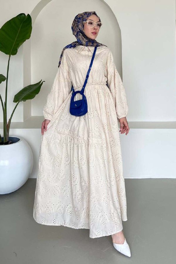 Brode Tesettür Elbise Krem 1009-1 Brode Tesettür Elbise Krem 1009-1