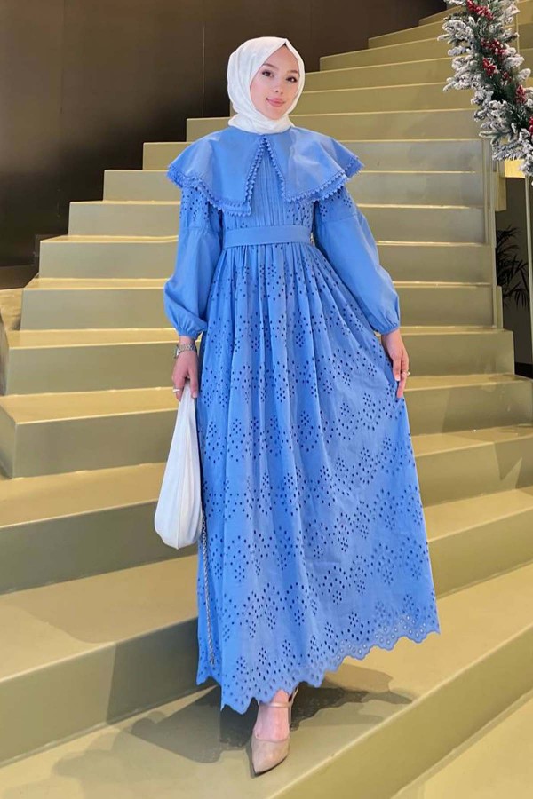Yaka Detaylı Dantelli Elbise Mavi 1421 Yaka Detaylı Dantelli Elbise Mavi 1421
