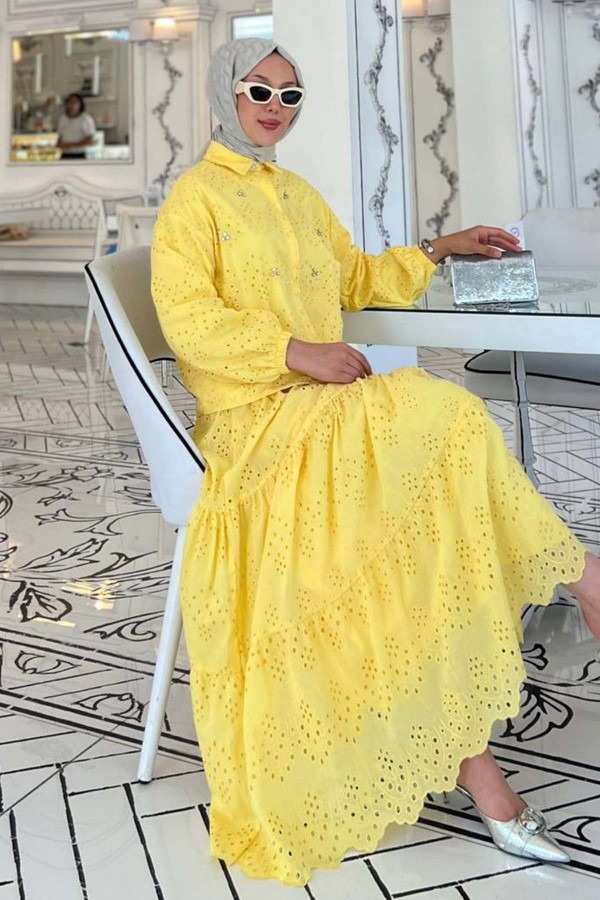 Taş Detaylı Fisto Etekli Takım Sarı 1427