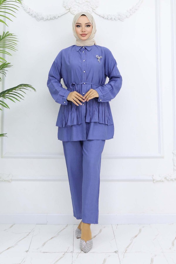 Fırfırlı Broş Detaylı İkili Takım İndigo 4793