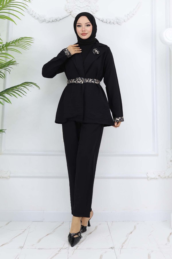 Leopar Desenli Kemerli Ceket Pantolon Takım Siyah 4718