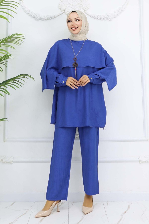Yaka Detaylı Kolyeli Tesettür Takım Saks Mavisi 4808
