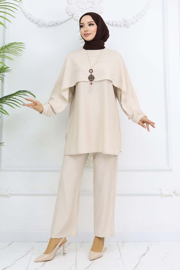 Yaka Detaylı Kolyeli Tesettür Takım Taş Rengi 4808