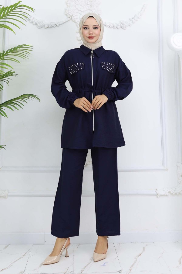 Taşlı Keten Airobin Takım Lacivert 4766