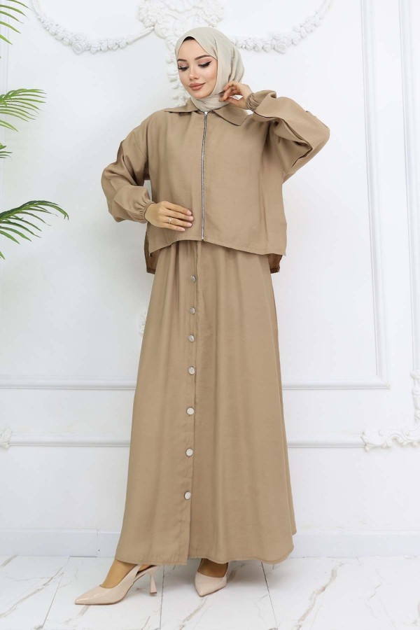 Fermuar Ceketli Elbise Takım Bej 4807 Fermuar Ceketli Elbise Takım Bej 4807
