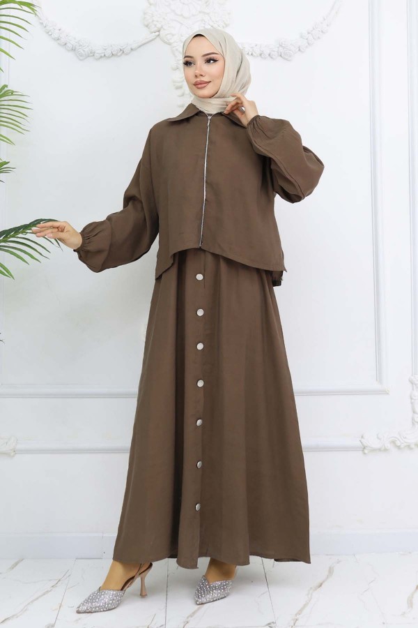 Fermuar Ceketli Elbise Takım Vizon 4807