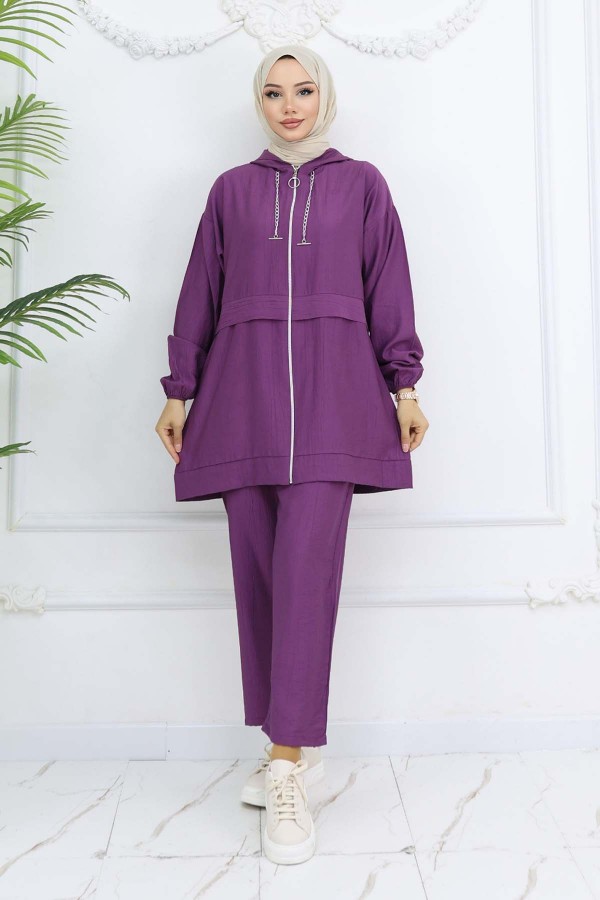 Zincir Detaylı Tesettür Takım Mor 4760 Zincir Detaylı Tesettür Takım Mor 4760