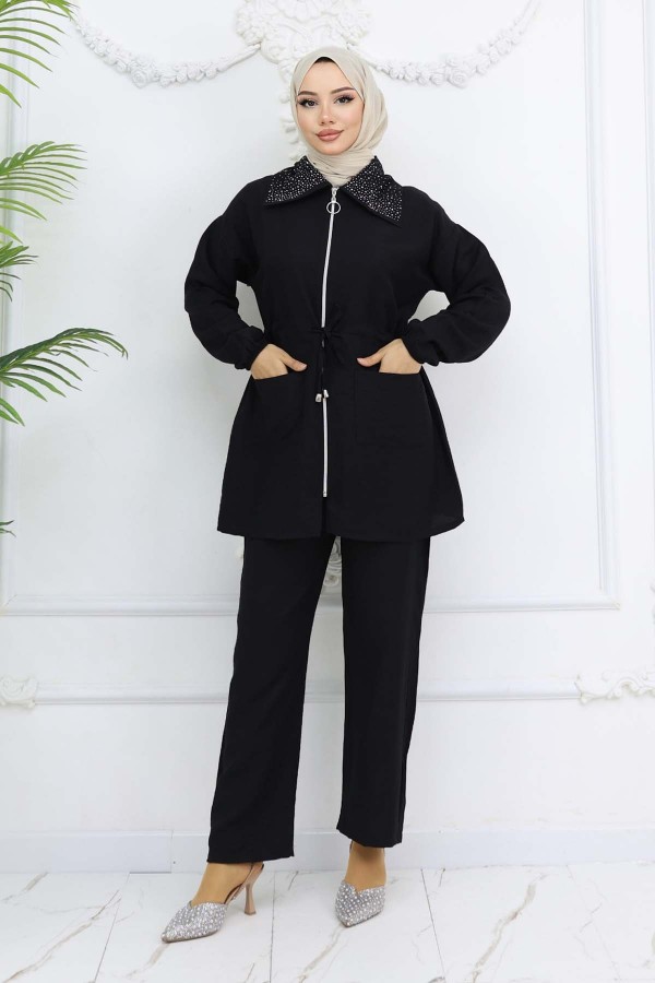 Yakası Taş Detaylı Tesettür Takım  Siyah 4727