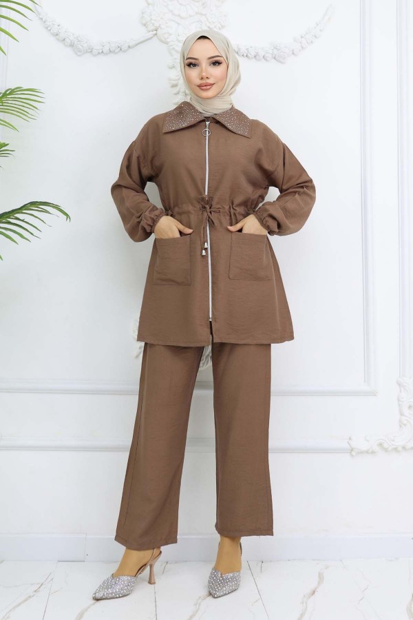 Yakası Taş Detaylı Tesettür Takım Taba 4727
