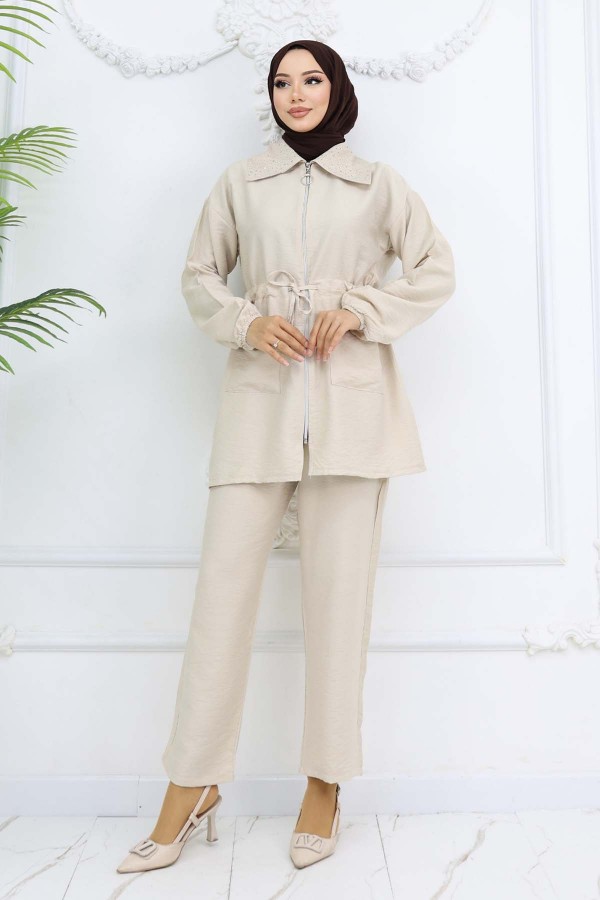Yakası Taş Detaylı Tesettür Takım Taş Rengi 4727