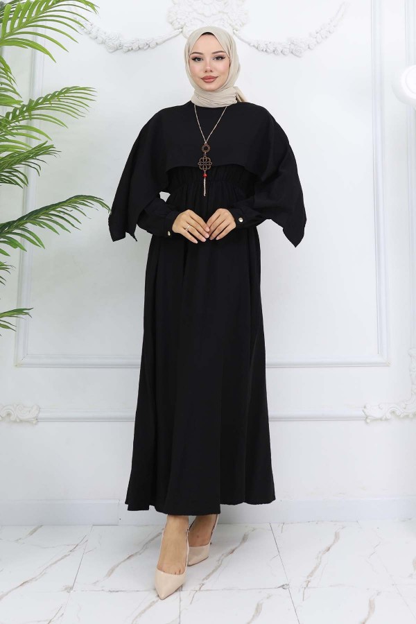 Yaka Detaylı Kolyeli Elbise Siyah 4809