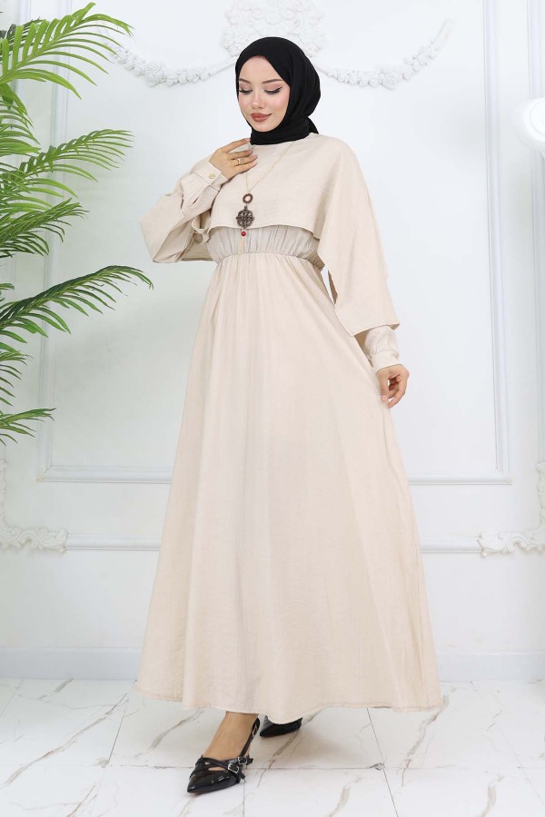 Yaka Detaylı Kolyeli Elbise Taş Rengi 4809 Yaka Detaylı Kolyeli Elbise Taş Rengi 4809