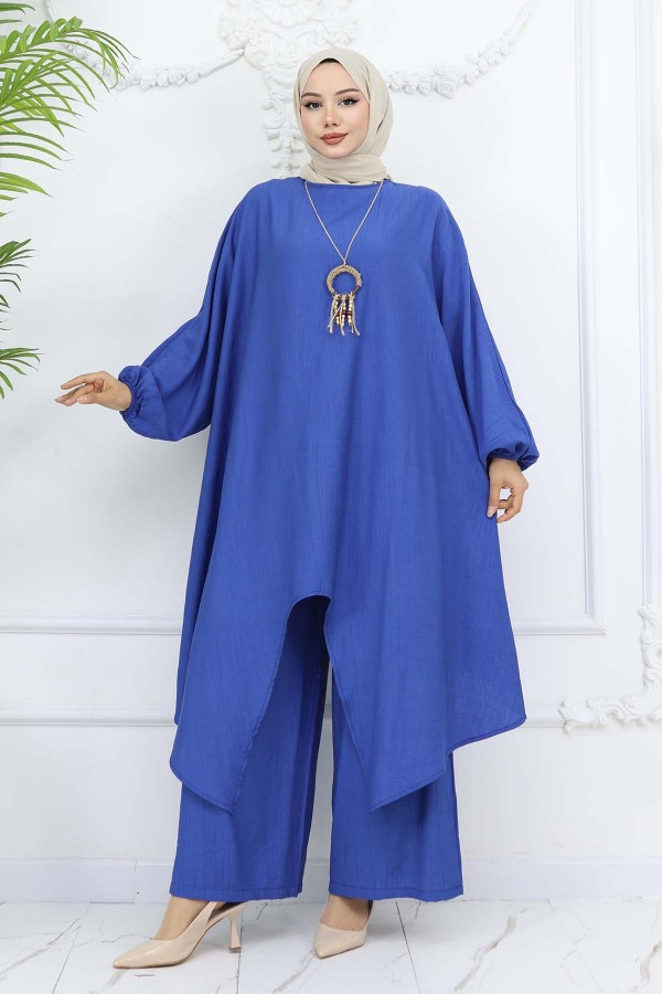 Uzun Tunikli Salaş İkili Takım Saks Mavisi 4765