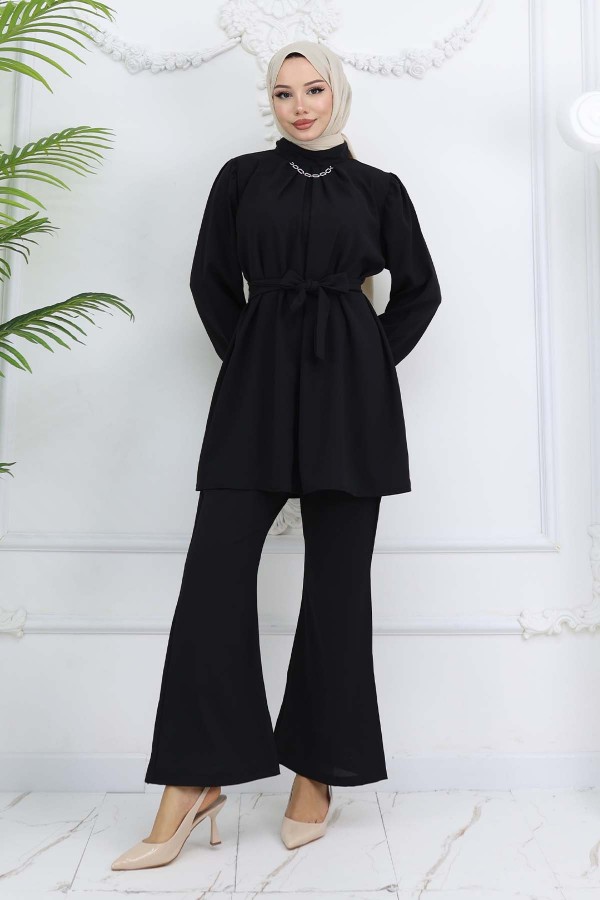 Zincir Detaylı Tesettür Takım Siyah 4767
