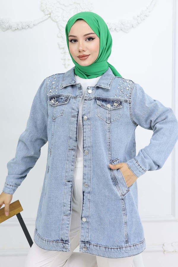 İnci Detaylı Kot Ceket Mavi 7807