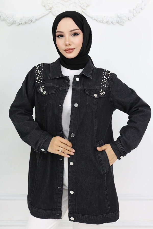 İnci Detaylı Kot Ceket Siyah 7807